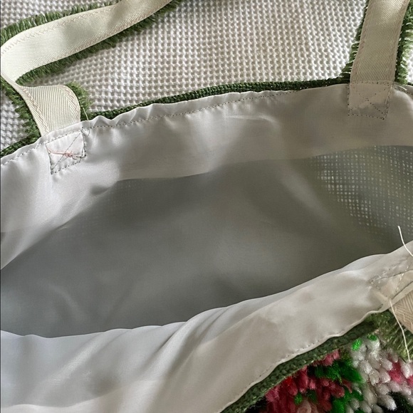 Handcrafted Green and Pink Heart Tote Bag made out of Vintage Hook Rug & Burlap. - Picture 3 of 4